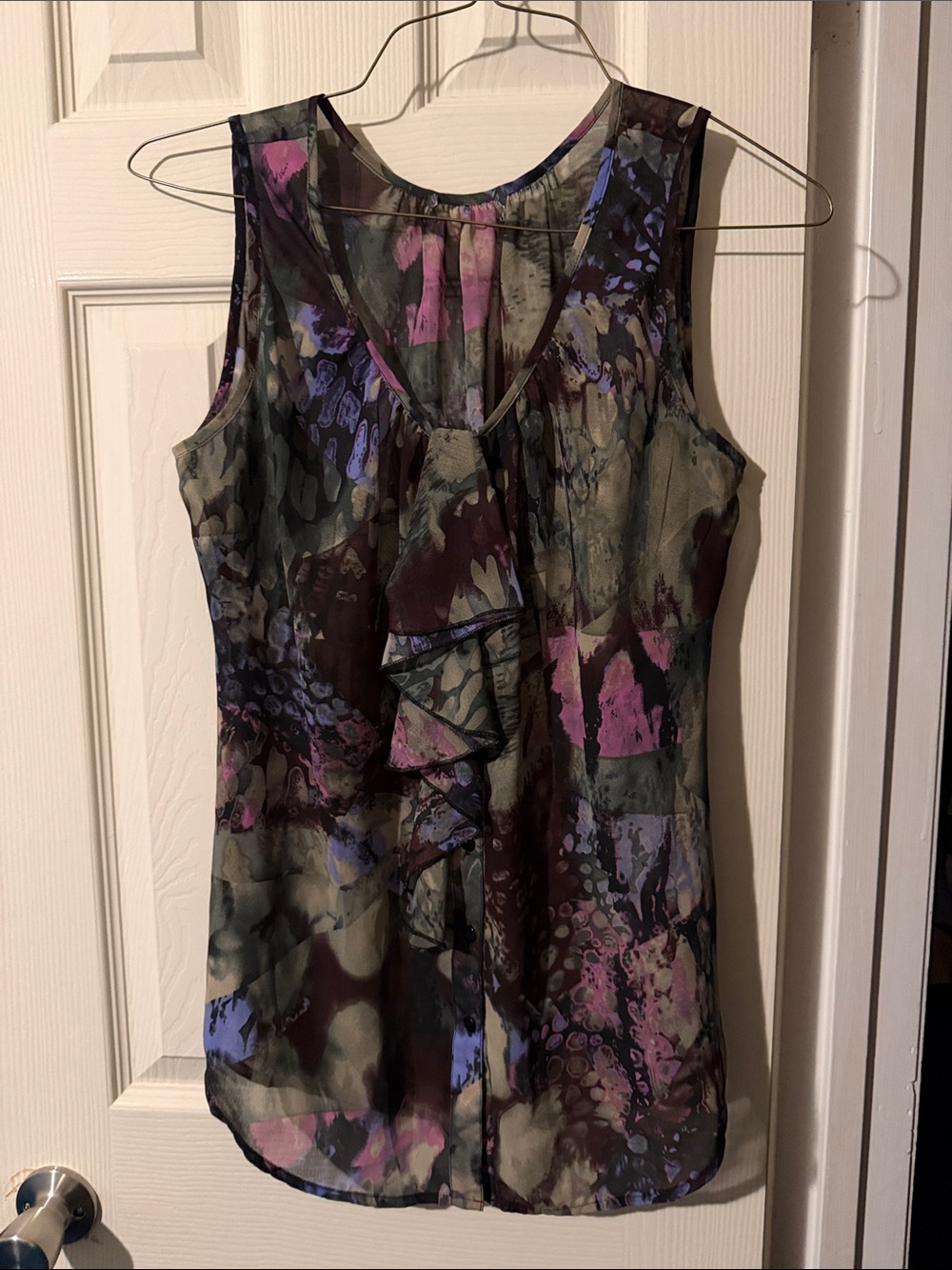 #299 Sleeveless Ruffle Front Sheer Blouse - Olive Multi (no tag)